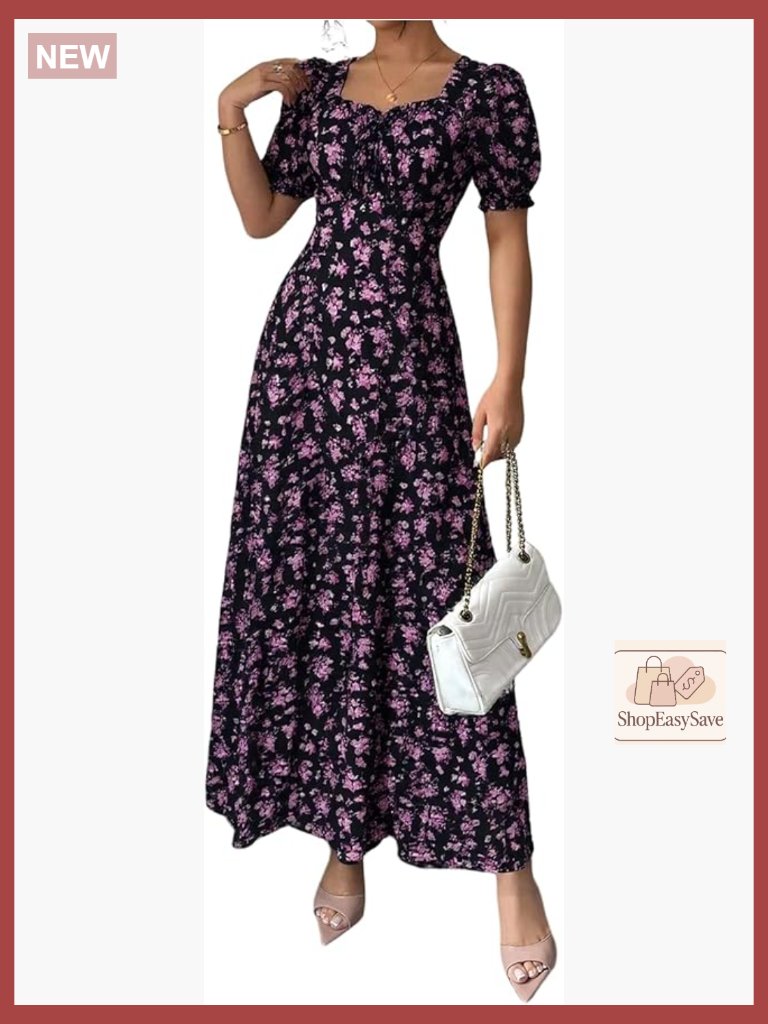 Floral Milkmaid Dress Boho A-Line Puff Sleeve Sweetheart Neck Summer Casual